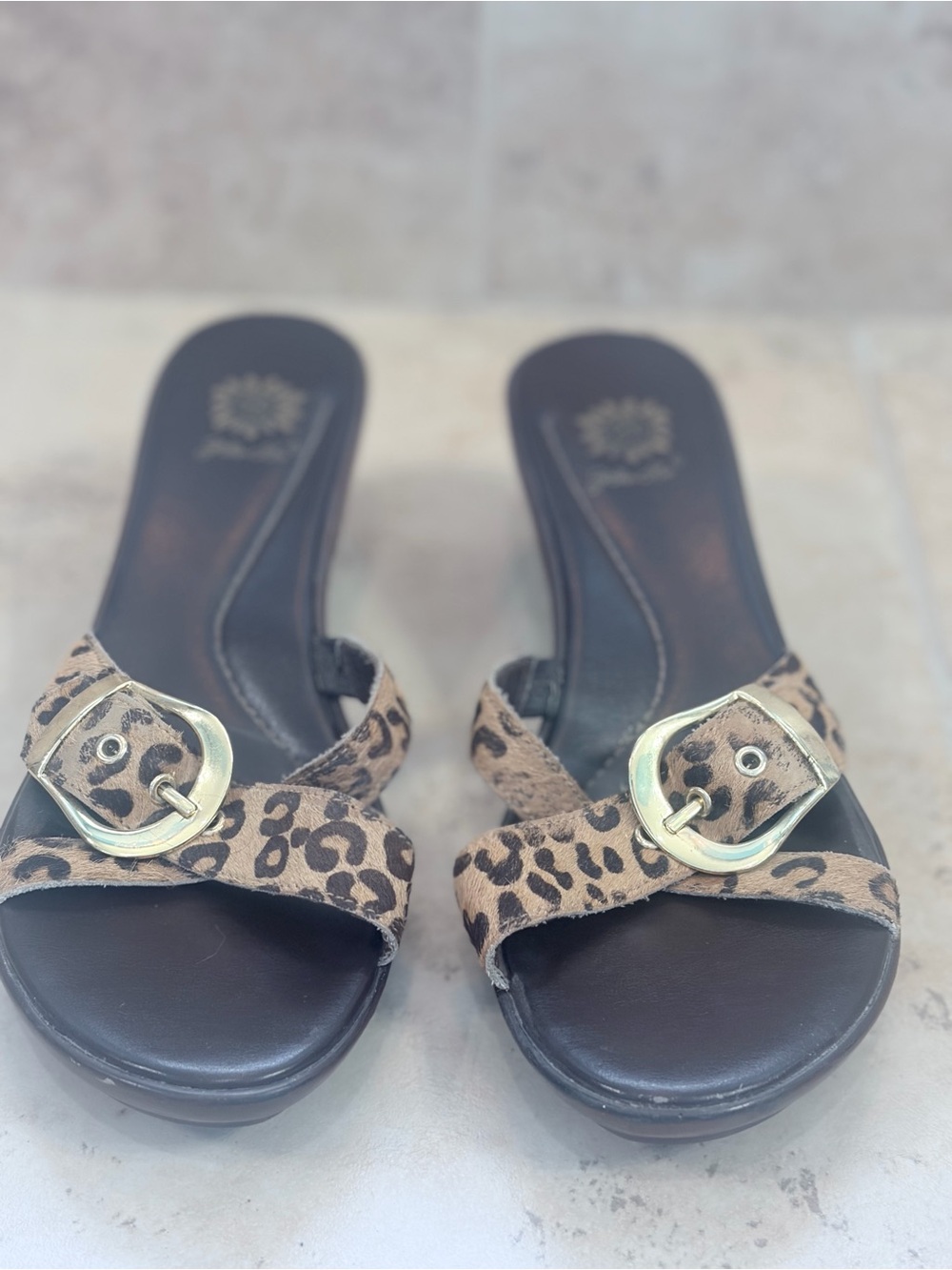 Yellow Box Leopard Print Slide Sandals with Gold Buckle